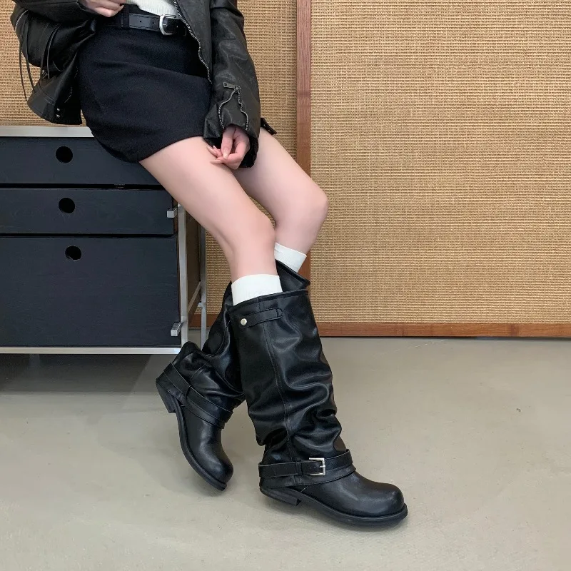 Eilyken Winter Vintage Punk Pleated Round Toe Knee High Boots Women Designer Buckle Strap Square Heels Shoes Botas Zapatos Mujer
