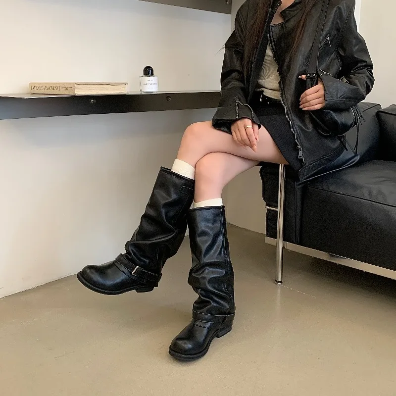 Eilyken Winter Vintage Punk Pleated Round Toe Knee High Boots Women Designer Buckle Strap Square Heels Shoes Botas Zapatos Mujer