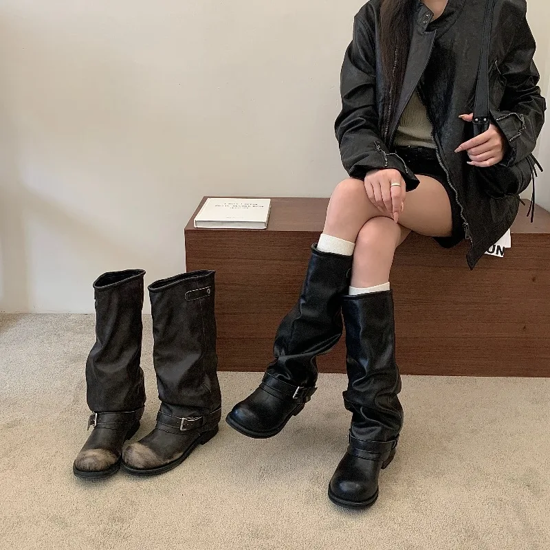 Eilyken Winter Vintage Punk Pleated Round Toe Knee High Boots Women Designer Buckle Strap Square Heels Shoes Botas Zapatos Mujer
