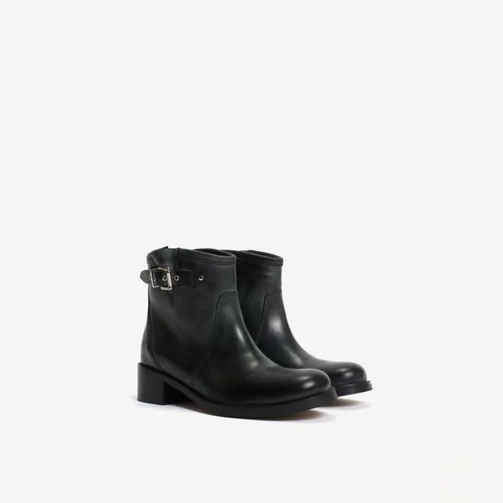 Women's causal dress brown/black ankle boots chunky heel leather round toe winter new in luxury designer booties comfy shoes