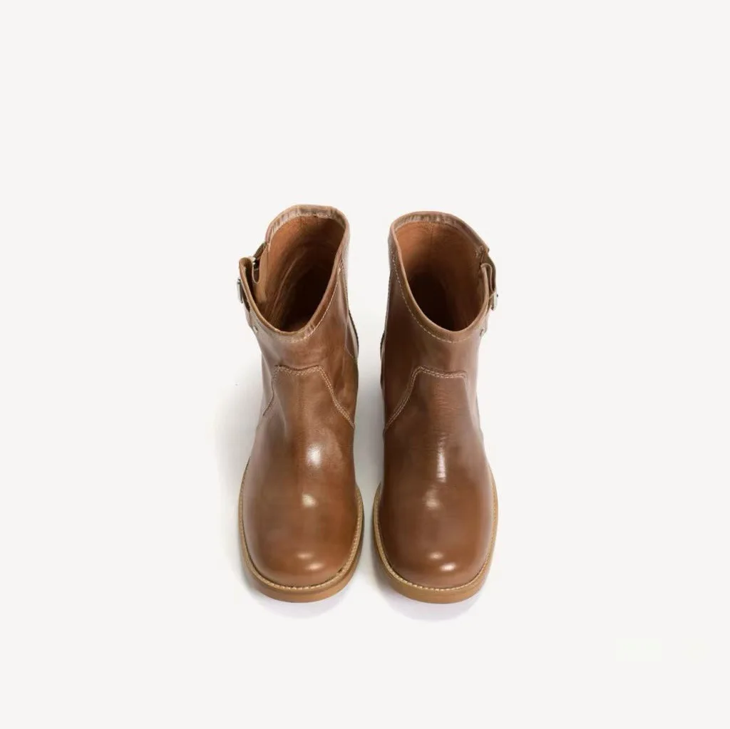 Women's causal dress brown/black ankle boots chunky heel leather round toe winter new in luxury designer booties comfy shoes