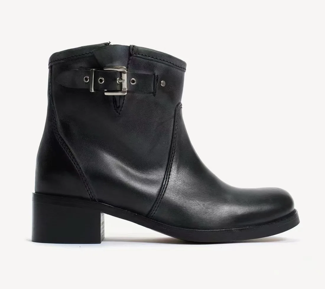 Women's causal dress brown/black ankle boots chunky heel leather round toe winter new in luxury designer booties comfy shoes