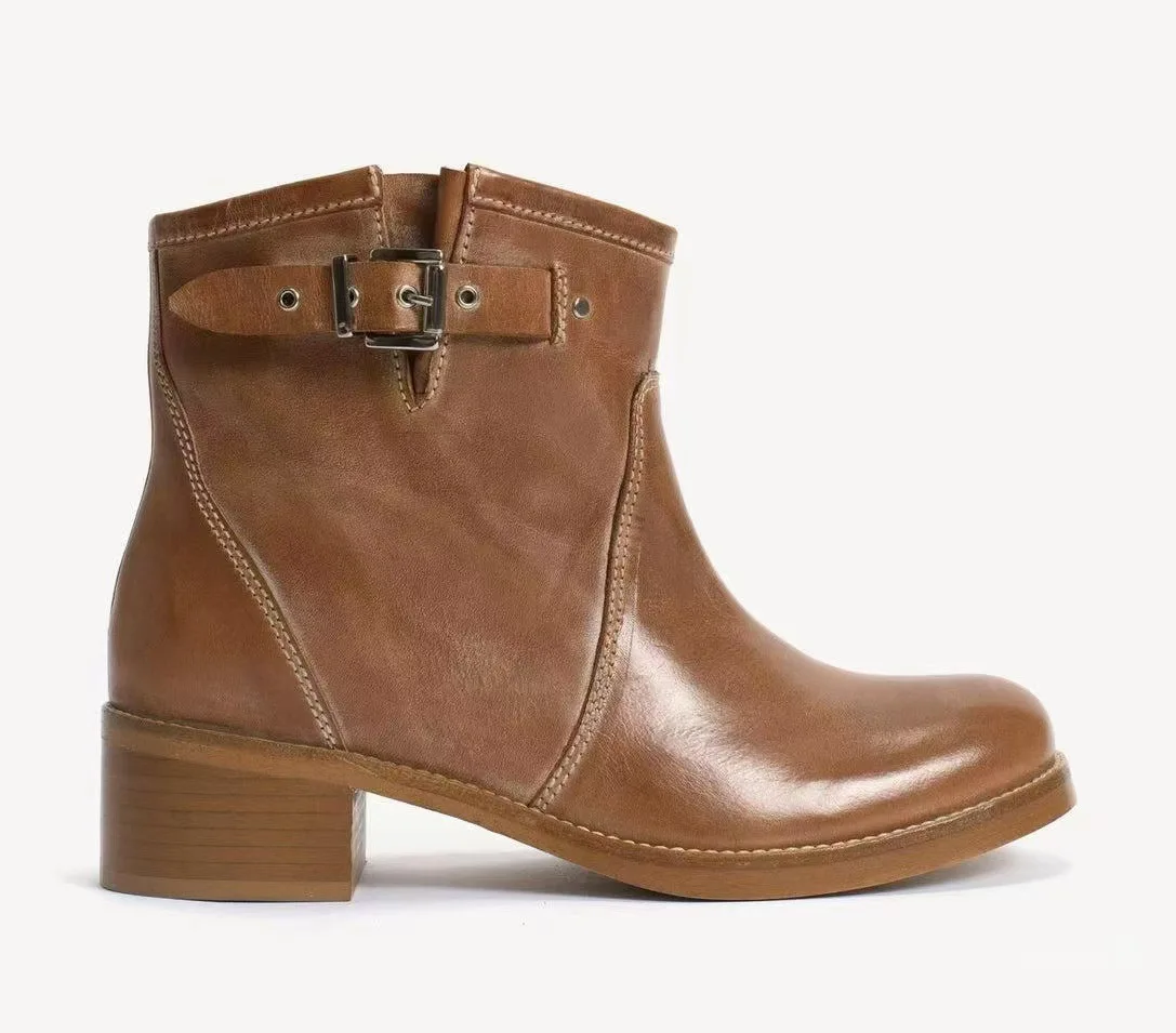 Women's causal dress brown/black ankle boots chunky heel leather round toe winter new in luxury designer booties comfy shoes