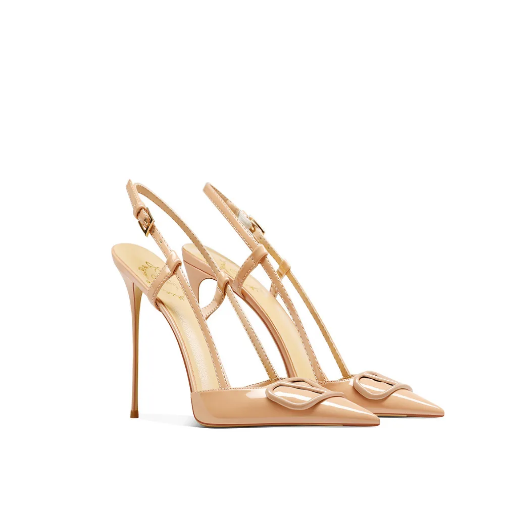 Women Nude Pointed Toe Thin Heel Sandals Spring New Arrival Open Back Closed Toe Elegant High Heel Sandals