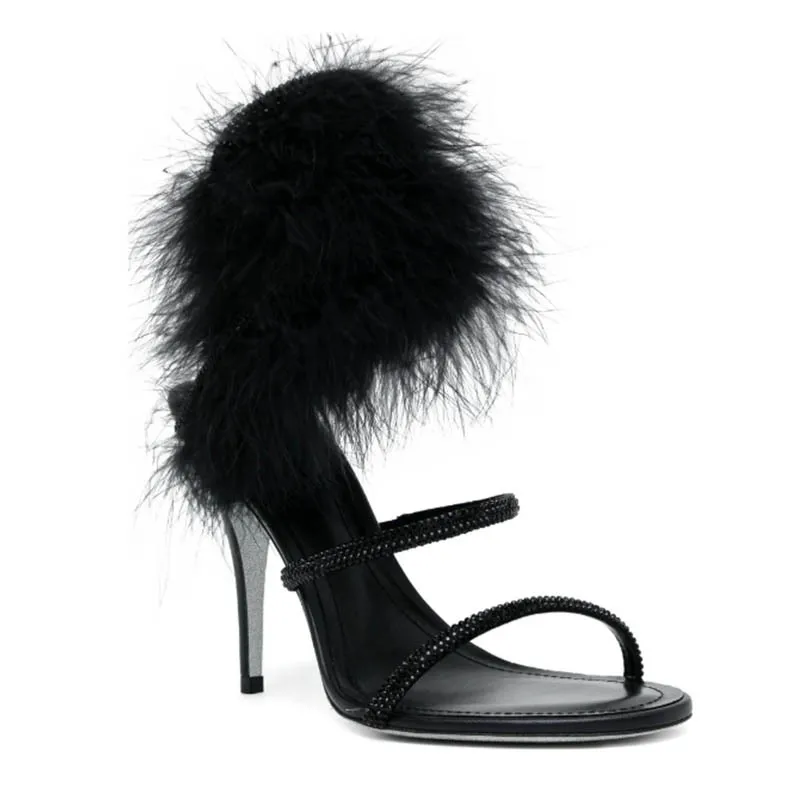 Pink fur ankle warp crystal high heels sandals black summer new in glitter snake luxury designer women's party wedding shoes