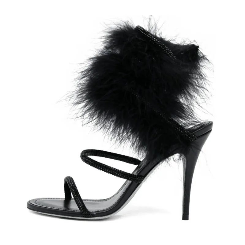 Pink fur ankle warp crystal high heels sandals black summer new in glitter snake luxury designer women's party wedding shoes