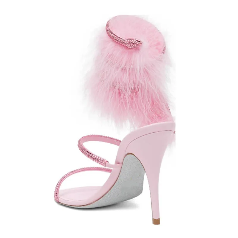Pink fur ankle warp crystal high heels sandals black summer new in glitter snake luxury designer women's party wedding shoes