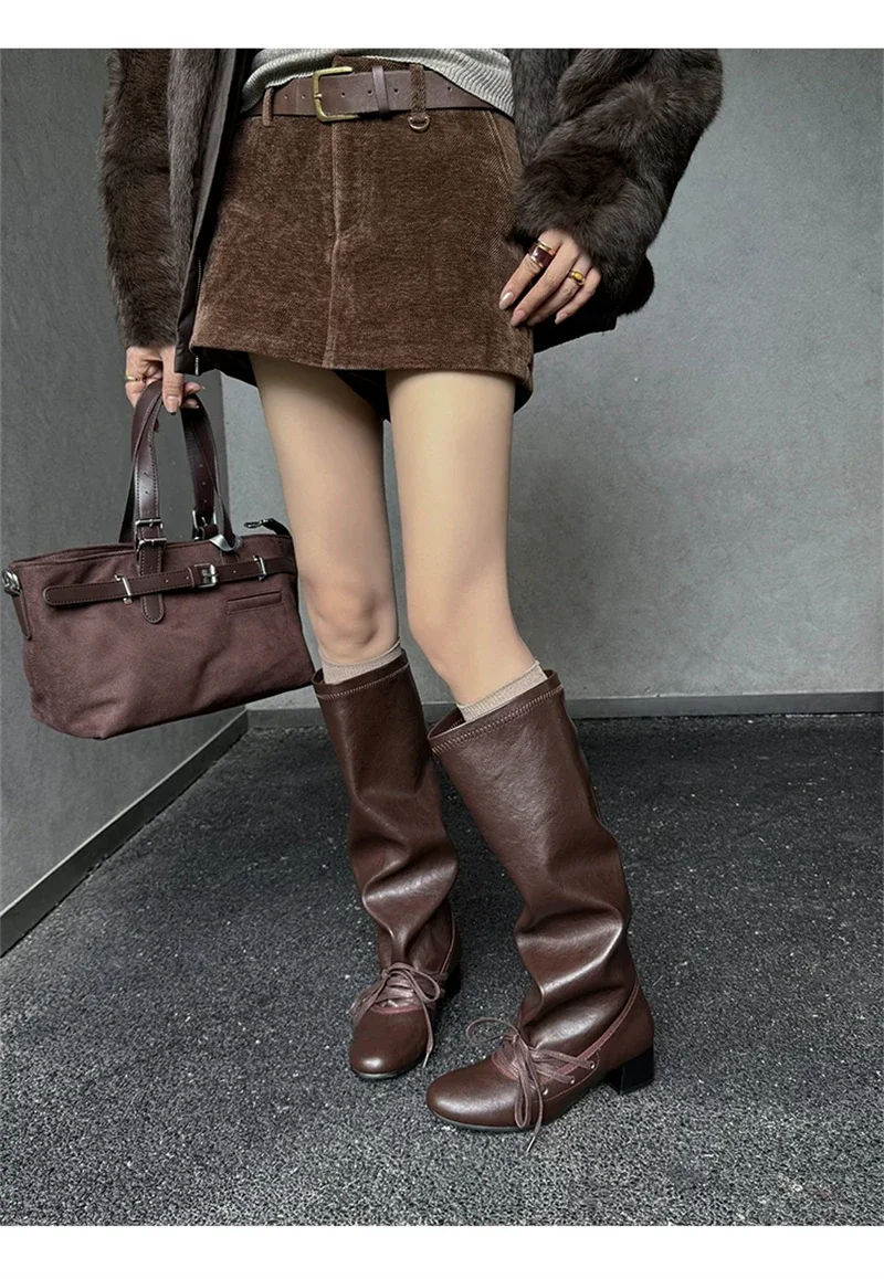 Brand Designer Boots for Women Soft Leather Pleated Long Knee-High Boots Block Heel Lace Up Lady Knight Shoes Botines De Mujer