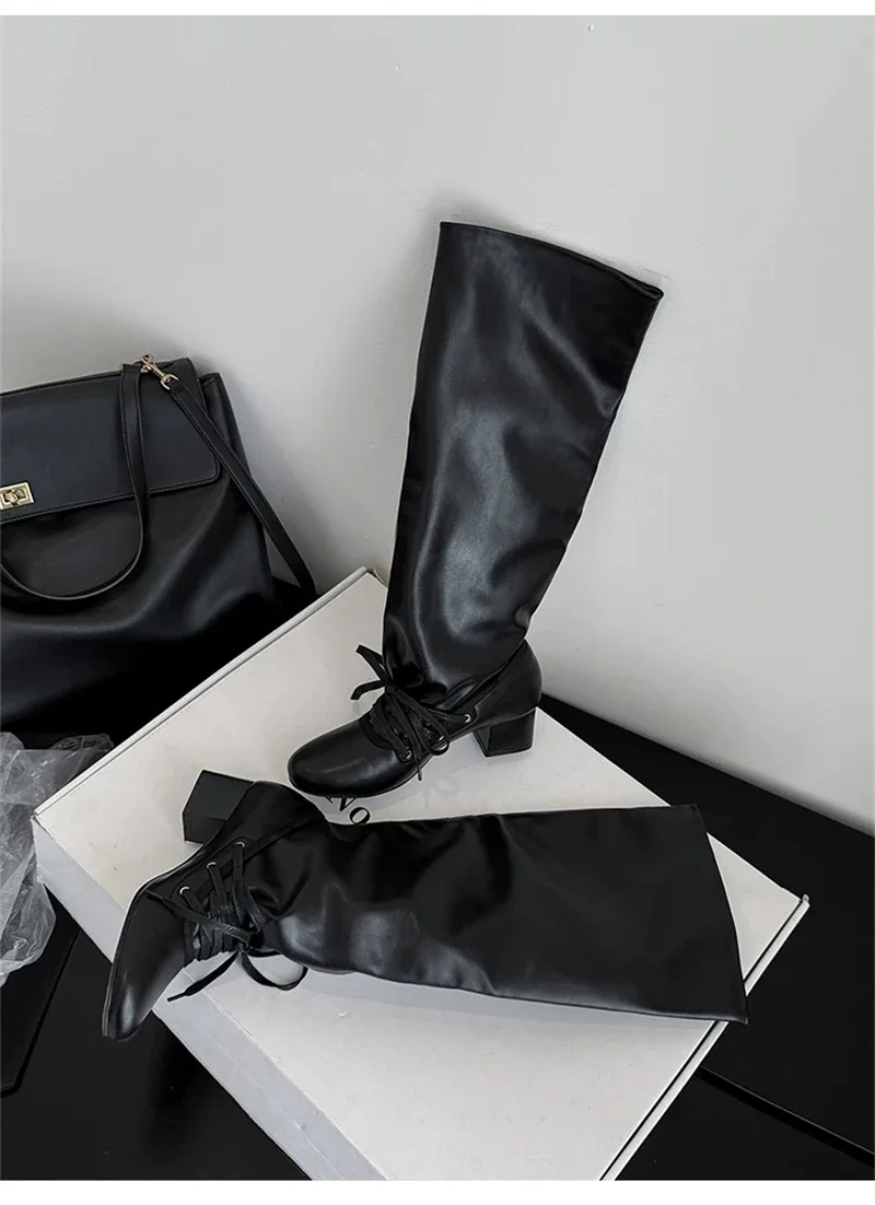 Brand Designer Boots for Women Soft Leather Pleated Long Knee-High Boots Block Heel Lace Up Lady Knight Shoes Botines De Mujer