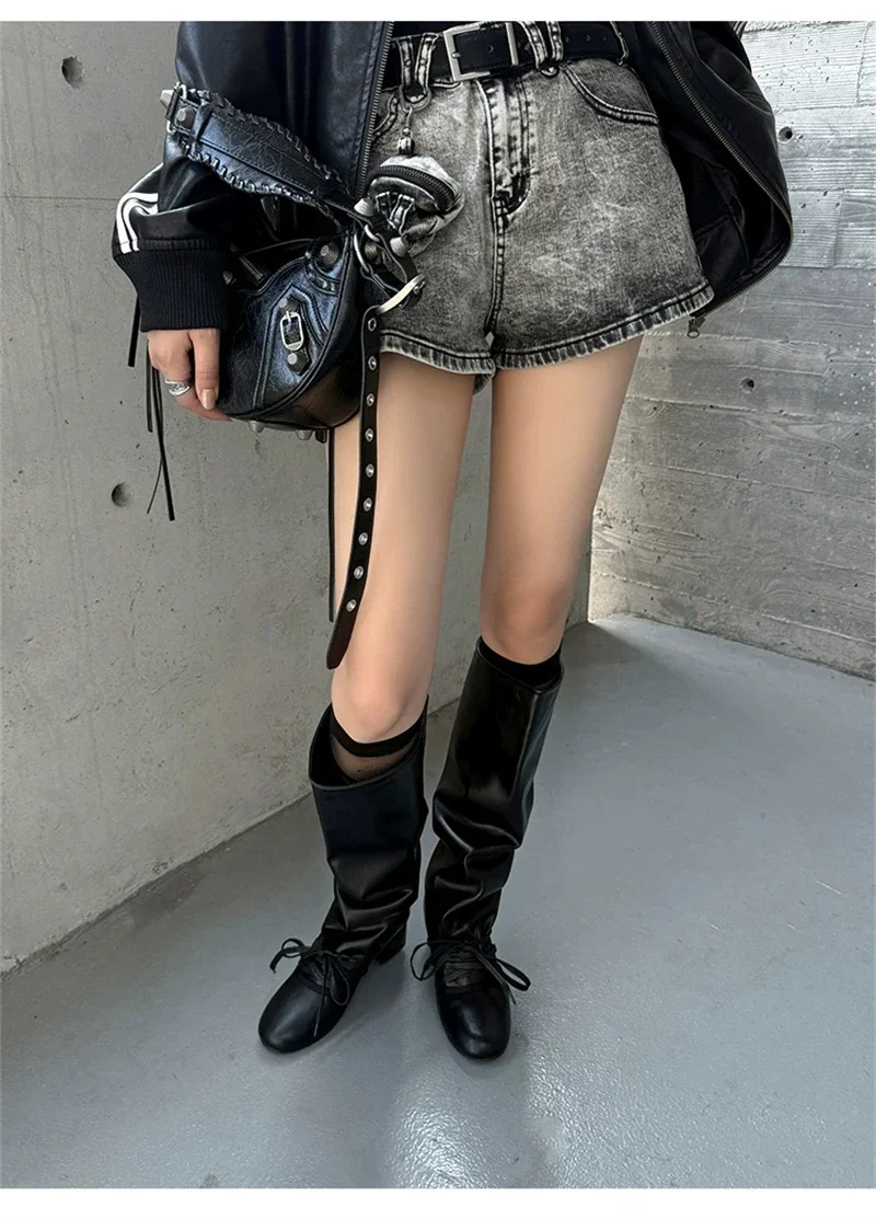Brand Designer Boots for Women Soft Leather Pleated Long Knee-High Boots Block Heel Lace Up Lady Knight Shoes Botines De Mujer