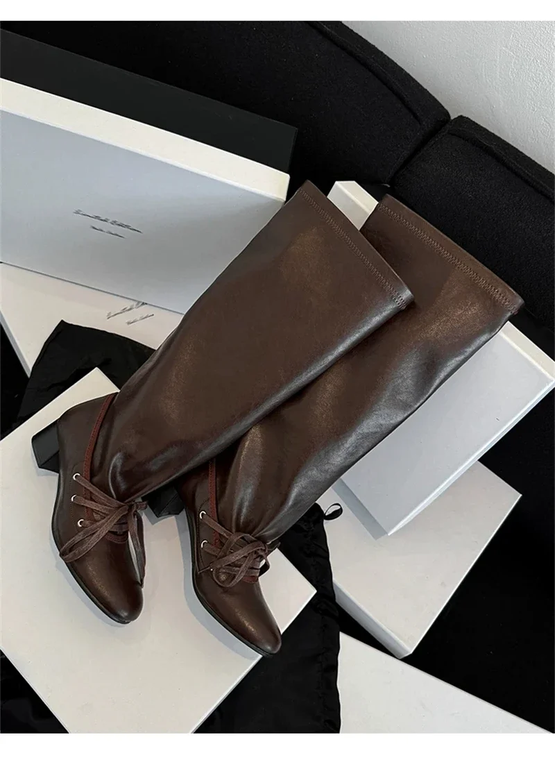 Brand Designer Boots for Women Soft Leather Pleated Long Knee-High Boots Block Heel Lace Up Lady Knight Shoes Botines De Mujer