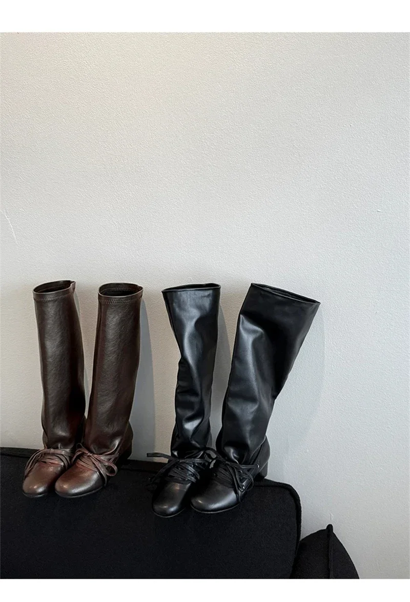 Brand Designer Boots for Women Soft Leather Pleated Long Knee-High Boots Block Heel Lace Up Lady Knight Shoes Botines De Mujer