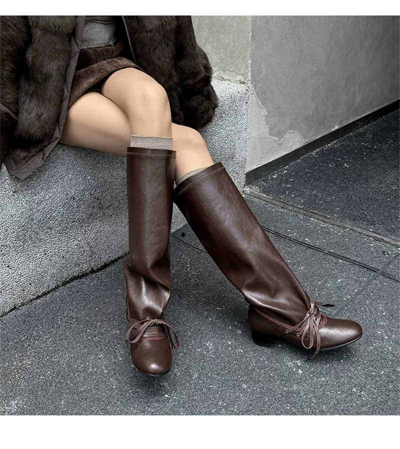Brand Designer Boots for Women Soft Leather Pleated Long Knee-High Boots Block Heel Lace Up Lady Knight Shoes Botines De Mujer