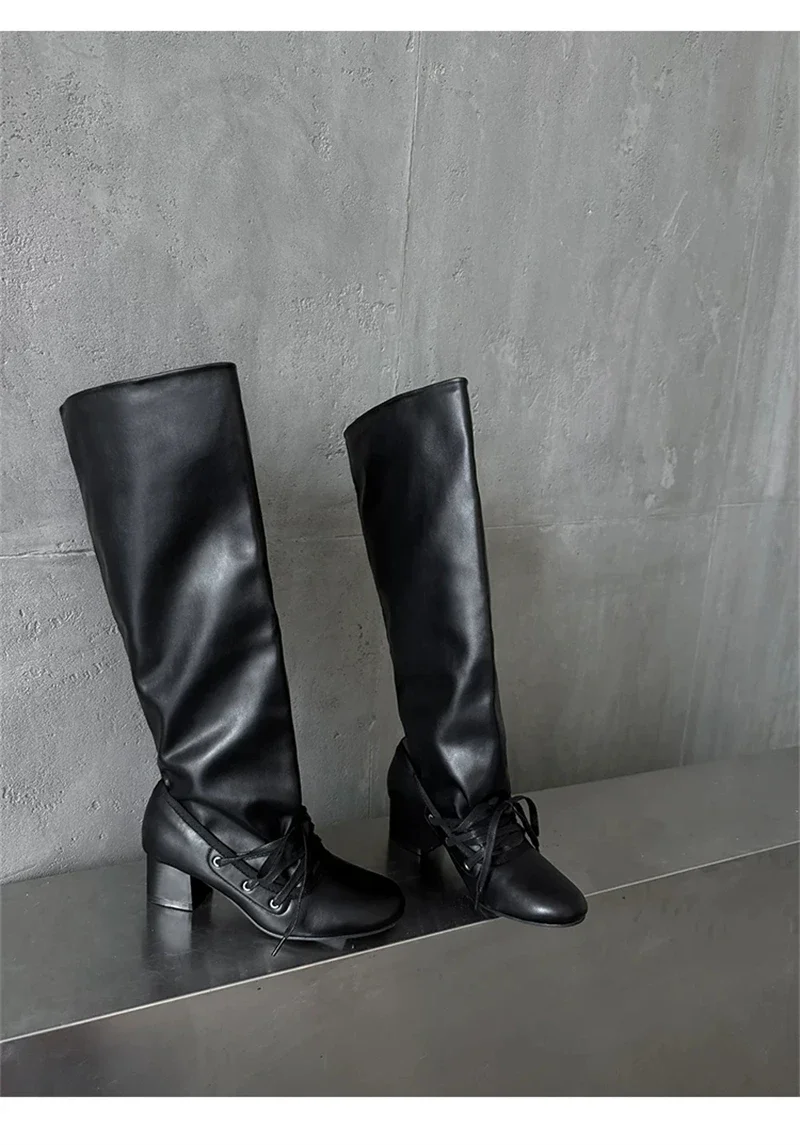 Brand Designer Boots for Women Soft Leather Pleated Long Knee-High Boots Block Heel Lace Up Lady Knight Shoes Botines De Mujer