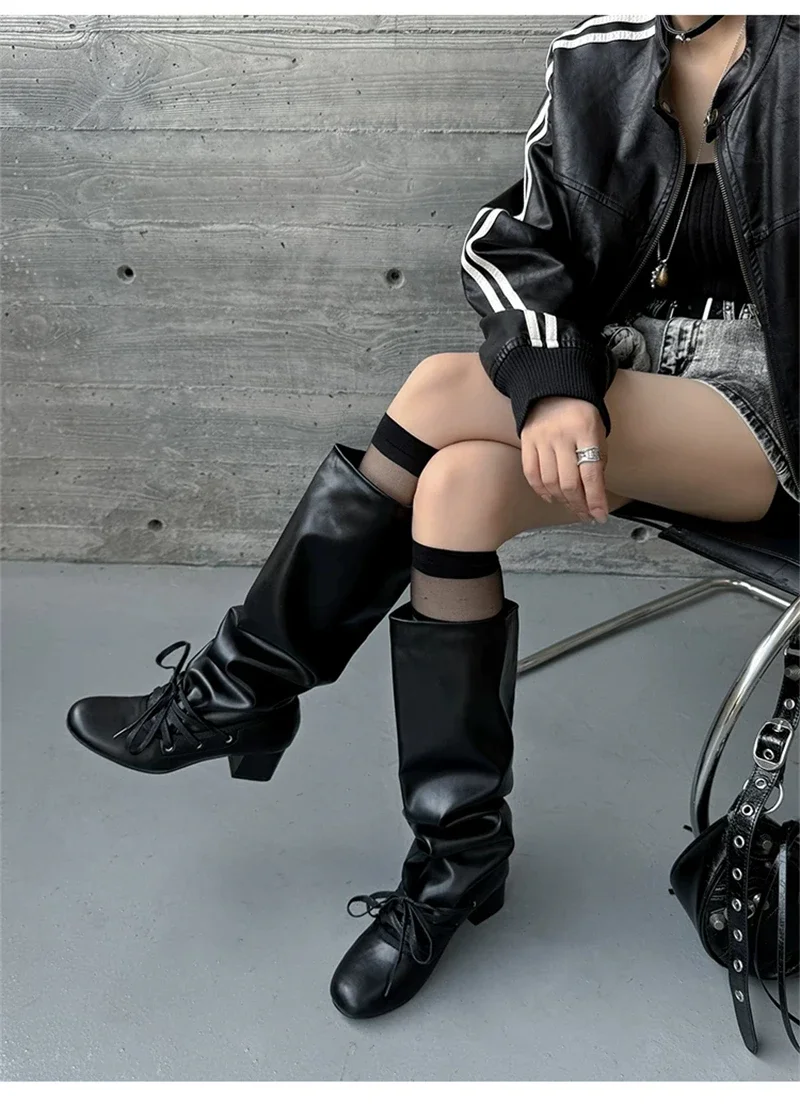 Brand Designer Boots for Women Soft Leather Pleated Long Knee-High Boots Block Heel Lace Up Lady Knight Shoes Botines De Mujer