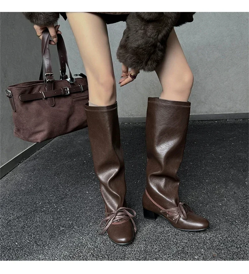Brand Designer Boots for Women Soft Leather Pleated Long Knee-High Boots Block Heel Lace Up Lady Knight Shoes Botines De Mujer