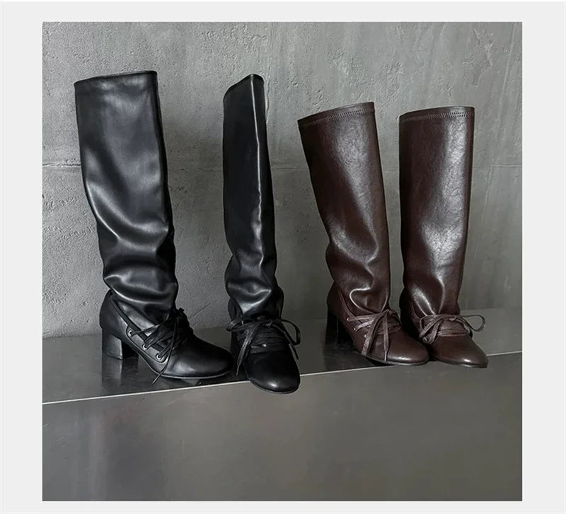 Brand Designer Boots for Women Soft Leather Pleated Long Knee-High Boots Block Heel Lace Up Lady Knight Shoes Botines De Mujer