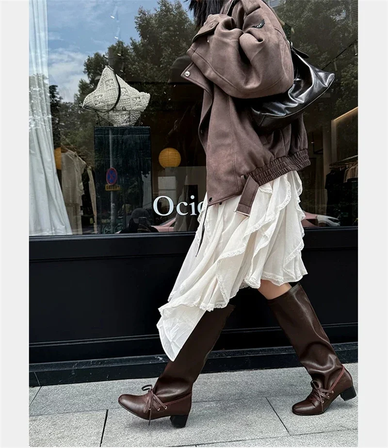 Brand Designer Boots for Women Soft Leather Pleated Long Knee-High Boots Block Heel Lace Up Lady Knight Shoes Botines De Mujer