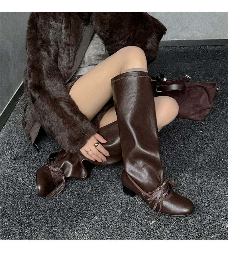 Brand Designer Boots for Women Soft Leather Pleated Long Knee-High Boots Block Heel Lace Up Lady Knight Shoes Botines De Mujer