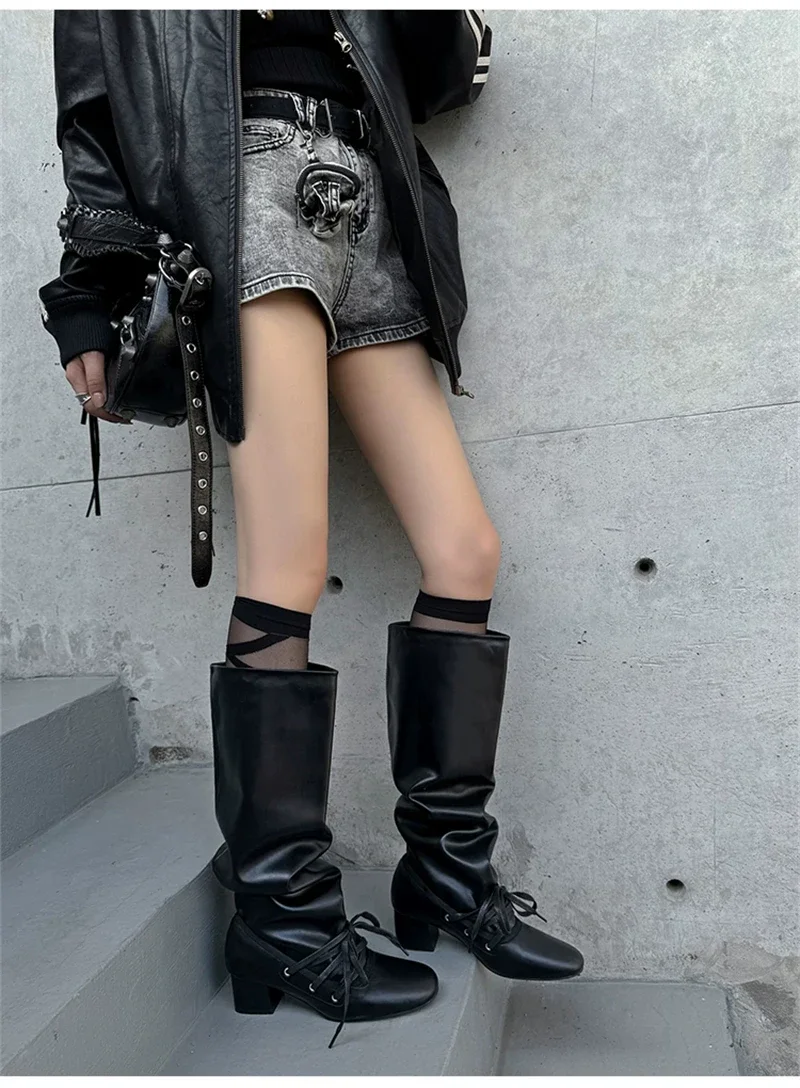 Brand Designer Boots for Women Soft Leather Pleated Long Knee-High Boots Block Heel Lace Up Lady Knight Shoes Botines De Mujer
