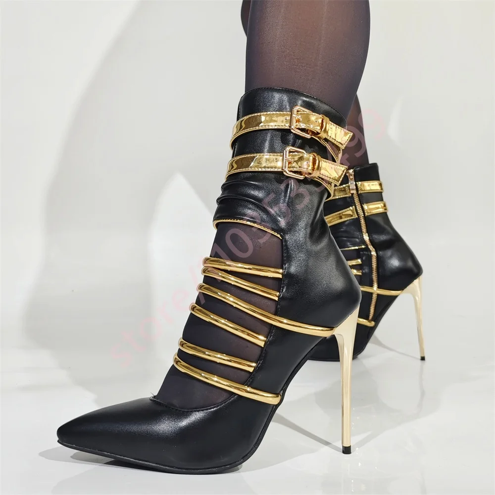 Pointed Toe Hollow Belt Buckle Stilettos 2026 Autumn New Banquet Sexy Ladies Short Boots Mixed Color Fashion Casual Shoes