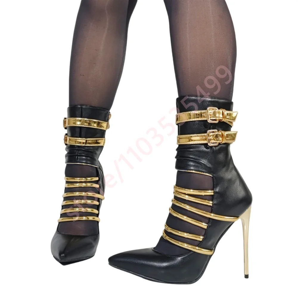 Pointed Toe Hollow Belt Buckle Stilettos 2026 Autumn New Banquet Sexy Ladies Short Boots Mixed Color Fashion Casual Shoes