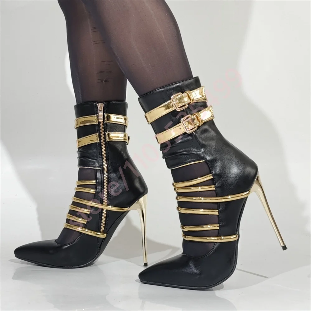 Pointed Toe Hollow Belt Buckle Stilettos 2026 Autumn New Banquet Sexy Ladies Short Boots Mixed Color Fashion Casual Shoes