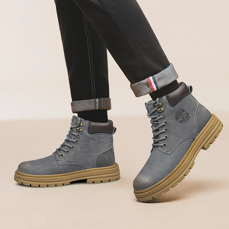 Men's High‑Top Combat Boots Retro Suede Work Ankle Boots Lace‑Up Thick Sole Non‑Slip Casual Outdoor Hiking Booties for Men