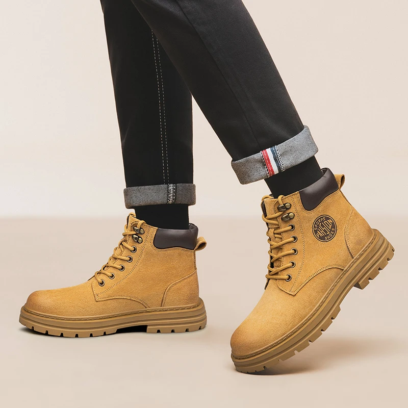 Men's High‑Top Combat Boots Retro Suede Work Ankle Boots Lace‑Up Thick Sole Non‑Slip Casual Outdoor Hiking Booties for Men