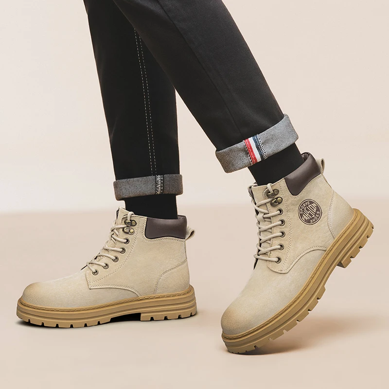 Men's High‑Top Combat Boots Retro Suede Work Ankle Boots Lace‑Up Thick Sole Non‑Slip Casual Outdoor Hiking Booties for Men