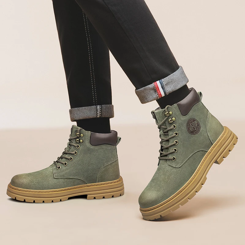 Men's High‑Top Combat Boots Retro Suede Work Ankle Boots Lace‑Up Thick Sole Non‑Slip Casual Outdoor Hiking Booties for Men