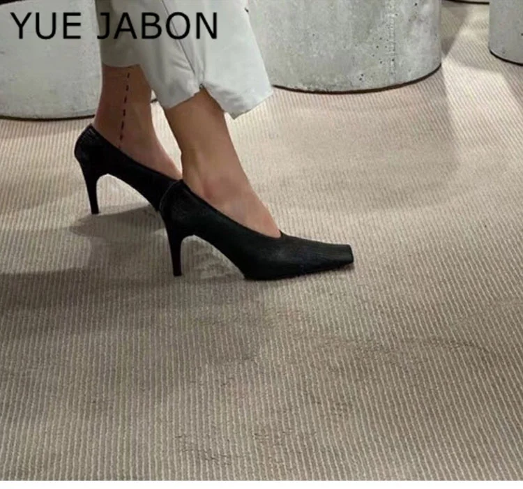 Black Square Head Early Spring New Lady Pumps Zebra-Print Soft Leather Pleated Elastic Witch High Heel Deep Mouth Granny Shoes