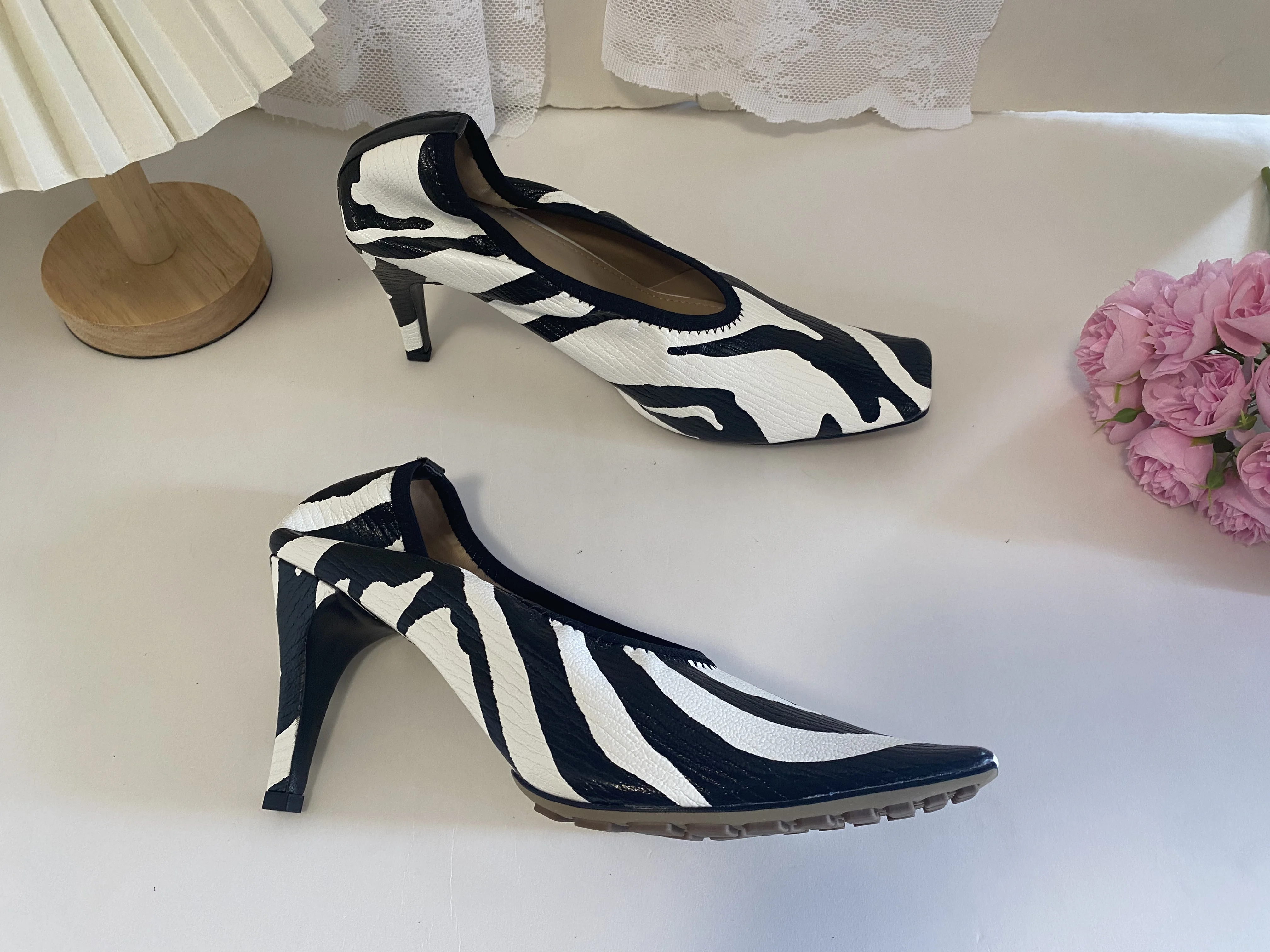 Black Square Head Early Spring New Lady Pumps Zebra-Print Soft Leather Pleated Elastic Witch High Heel Deep Mouth Granny Shoes