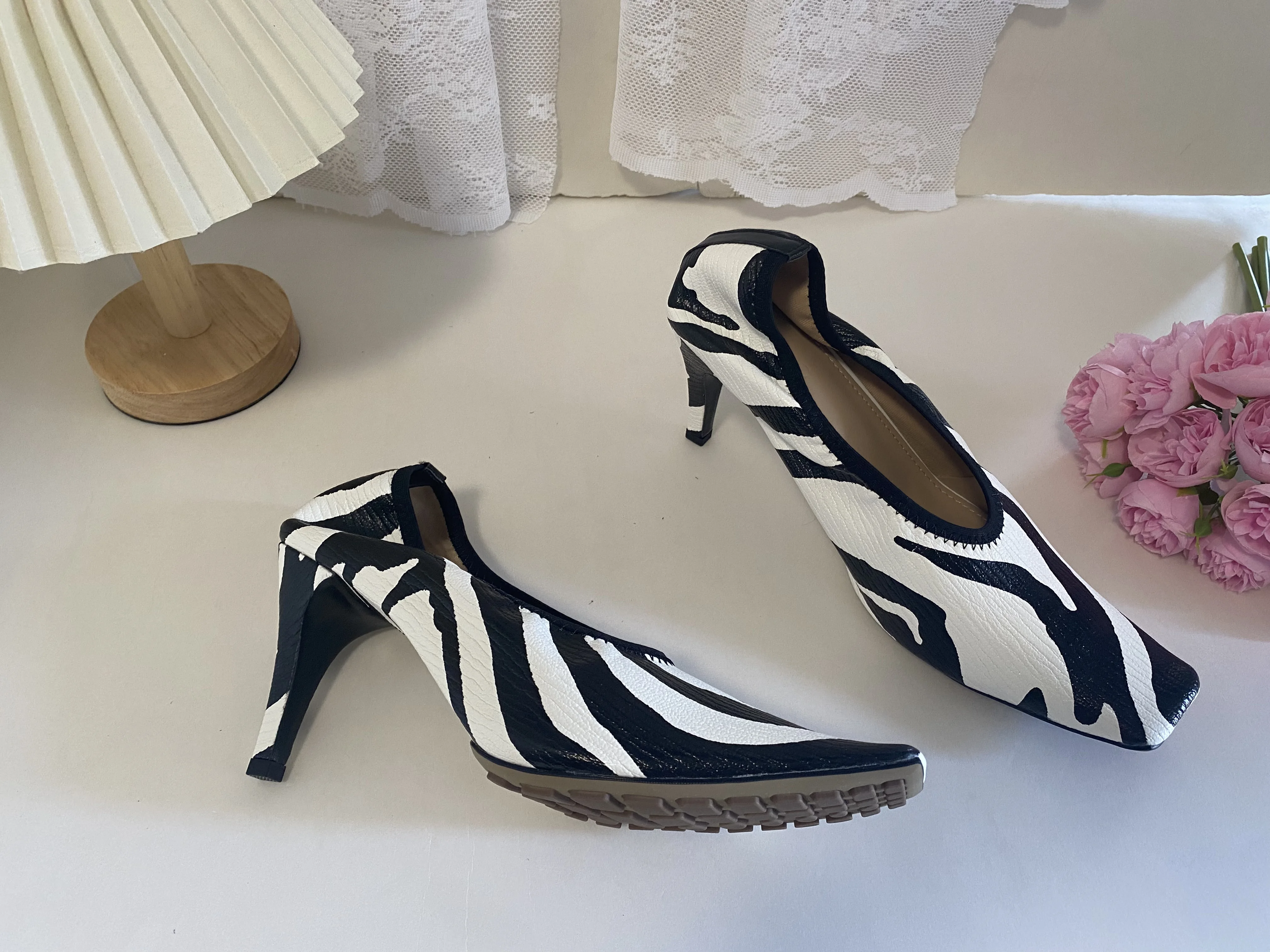 Black Square Head Early Spring New Lady Pumps Zebra-Print Soft Leather Pleated Elastic Witch High Heel Deep Mouth Granny Shoes