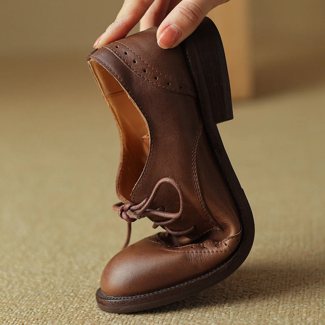 Women's cow leather lace-up flats oxfords carving British style casual female retro high quality soft comfortable daily shoes