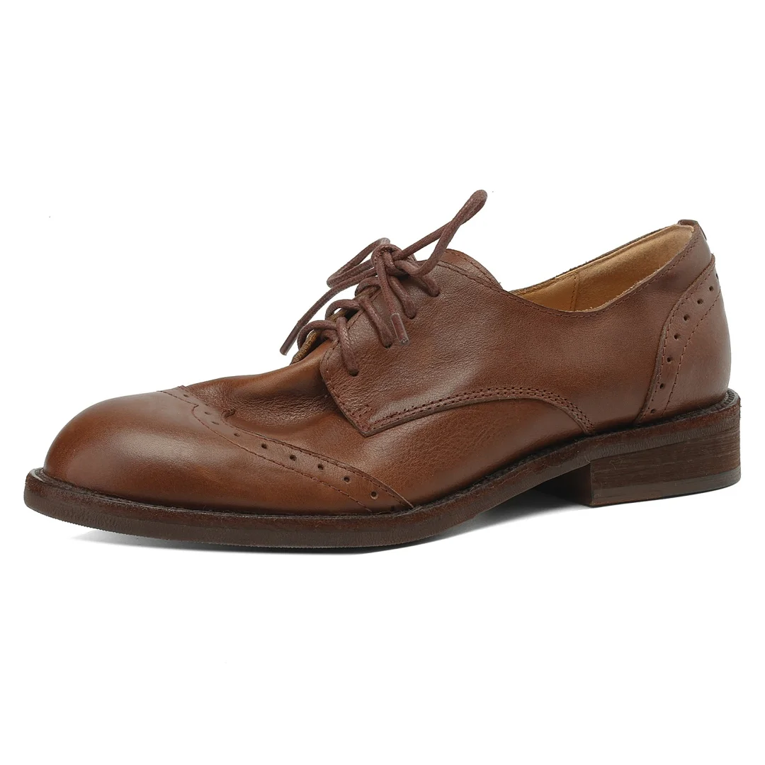 Women's cow leather lace-up flats oxfords carving British style casual female retro high quality soft comfortable daily shoes