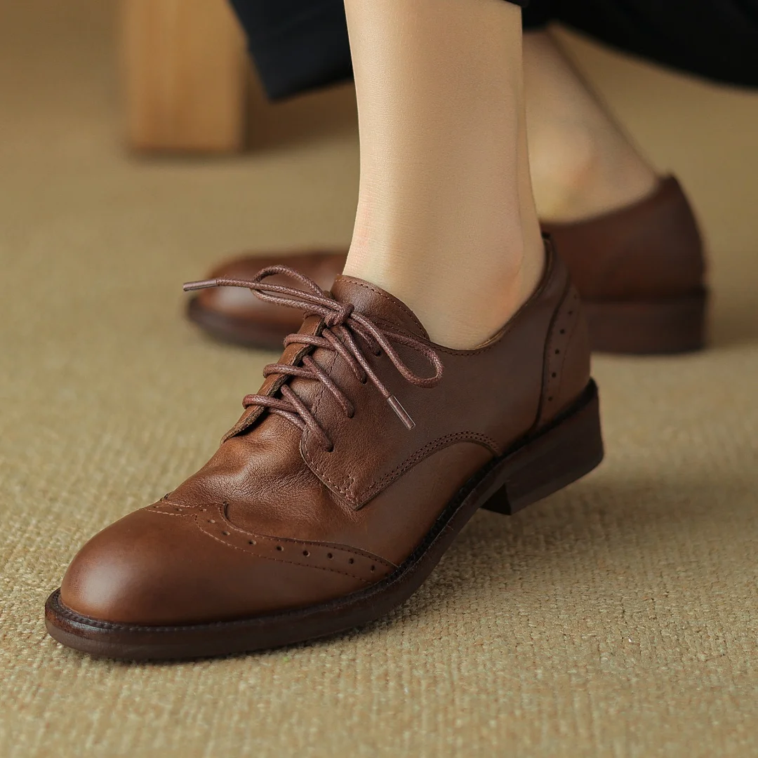 Women's cow leather lace-up flats oxfords carving British style casual female retro high quality soft comfortable daily shoes
