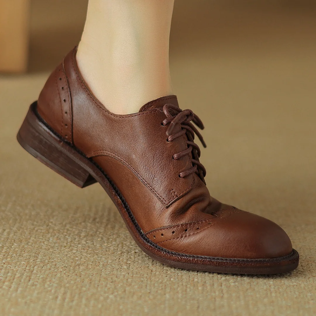 Women's cow leather lace-up flats oxfords carving British style casual female retro high quality soft comfortable daily shoes