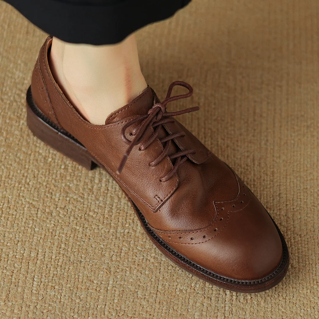 Women's cow leather lace-up flats oxfords carving British style casual female retro high quality soft comfortable daily shoes