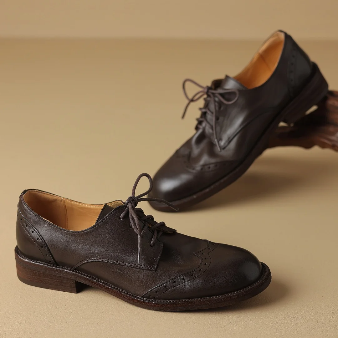 Women's cow leather lace-up flats oxfords carving British style casual female retro high quality soft comfortable daily shoes