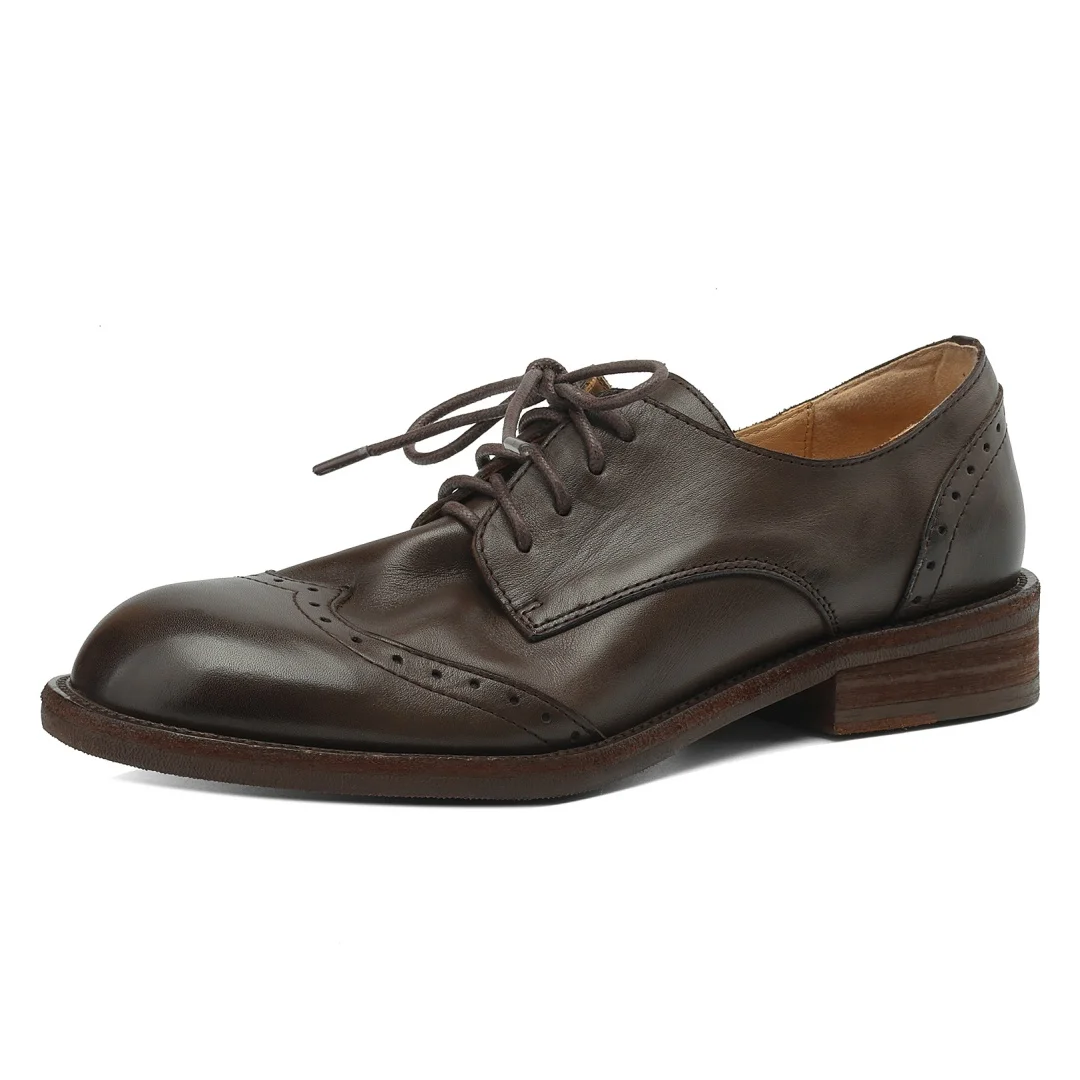 Women's cow leather lace-up flats oxfords carving British style casual female retro high quality soft comfortable daily shoes