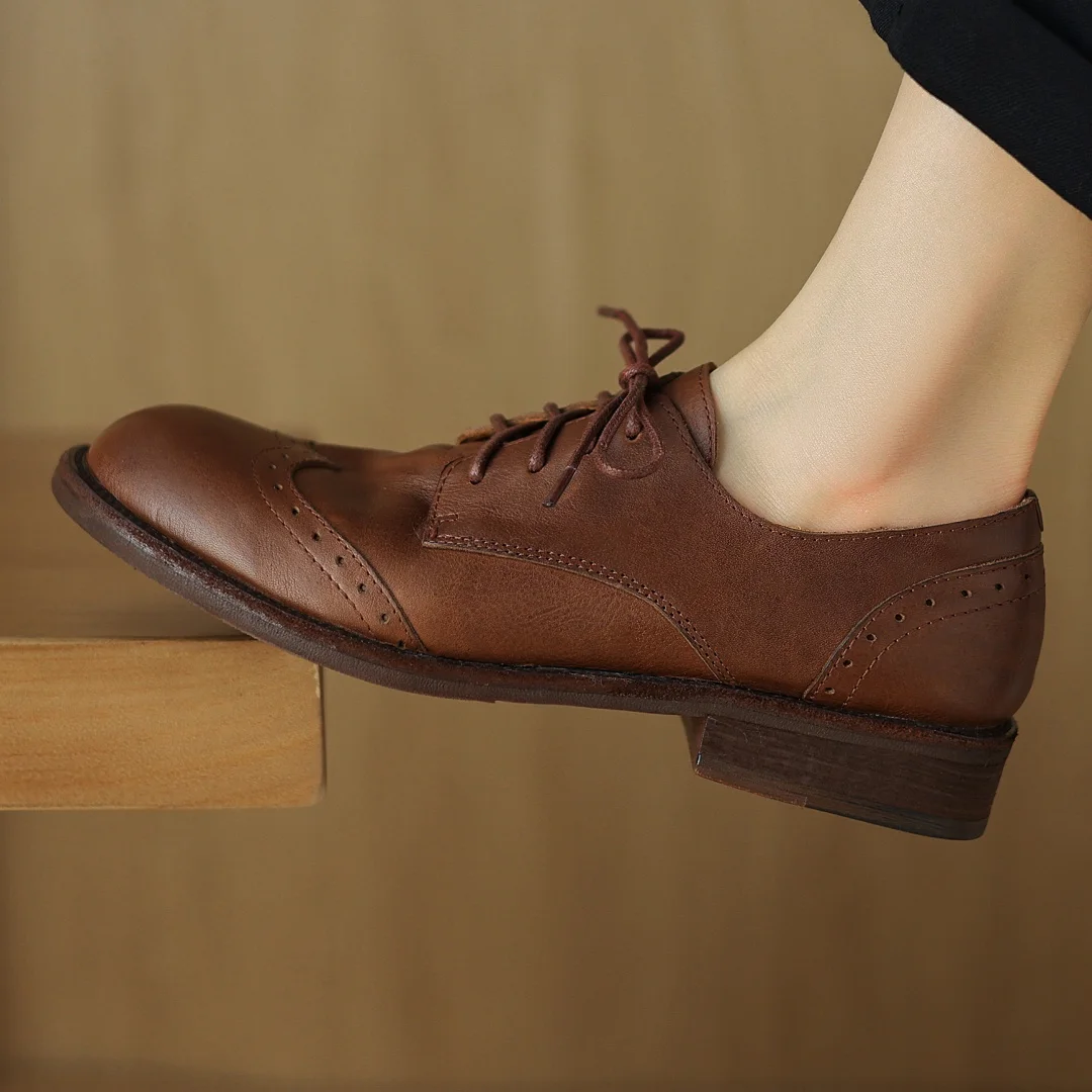 Women's cow leather lace-up flats oxfords carving British style casual female retro high quality soft comfortable daily shoes