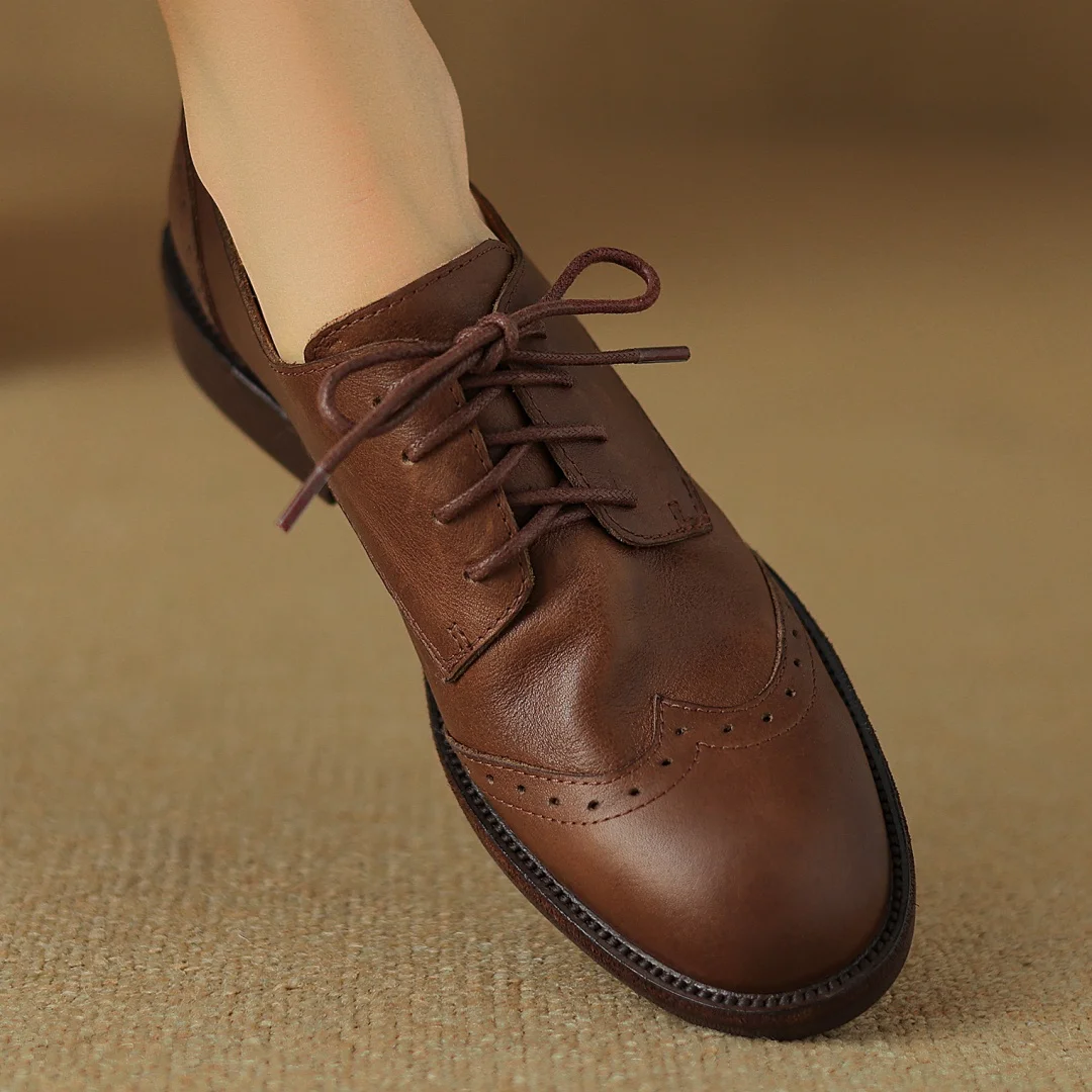 Women's cow leather lace-up flats oxfords carving British style casual female retro high quality soft comfortable daily shoes