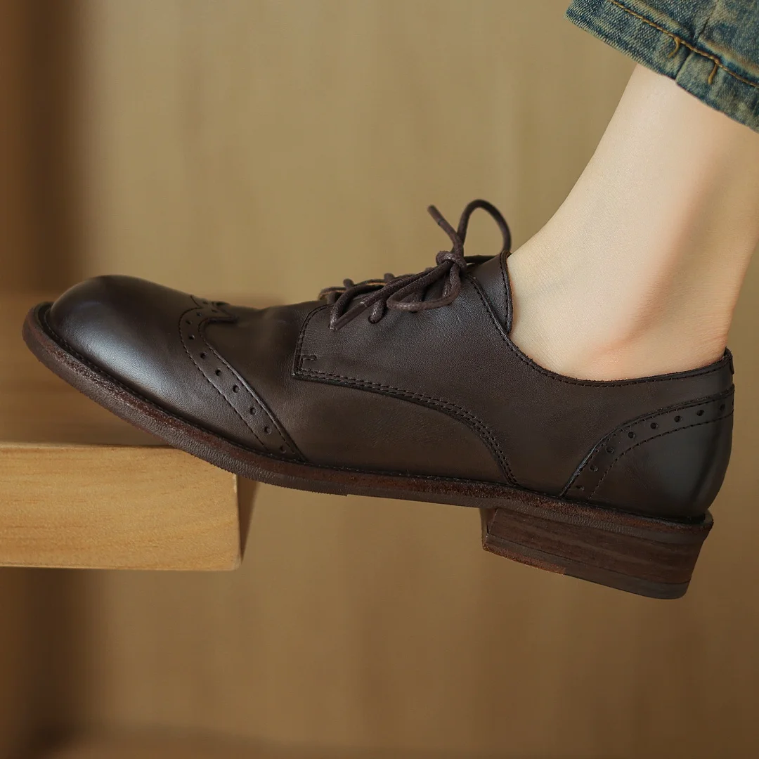 Women's cow leather lace-up flats oxfords carving British style casual female retro high quality soft comfortable daily shoes