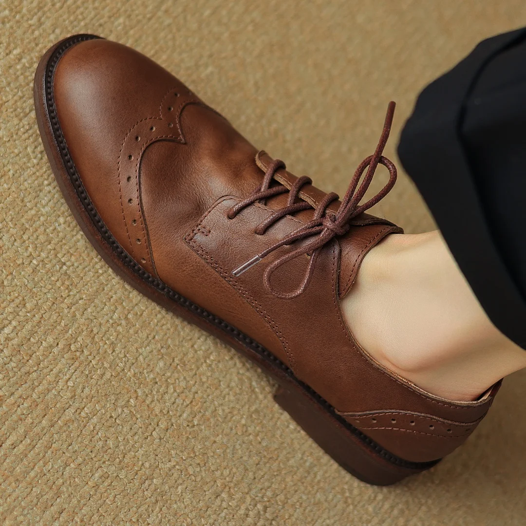 Women's cow leather lace-up flats oxfords carving British style casual female retro high quality soft comfortable daily shoes
