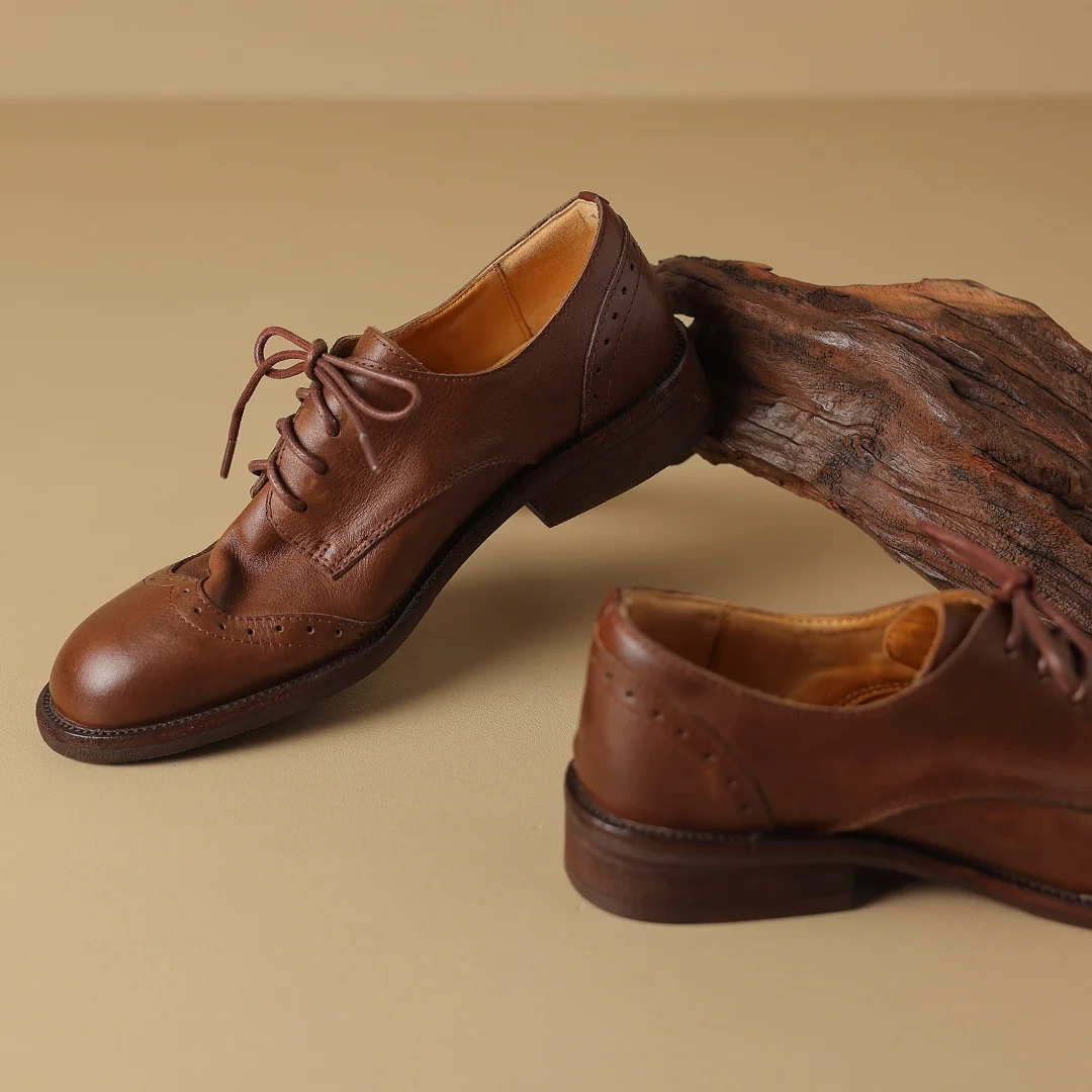 Women's cow leather lace-up flats oxfords carving British style casual female retro high quality soft comfortable daily shoes