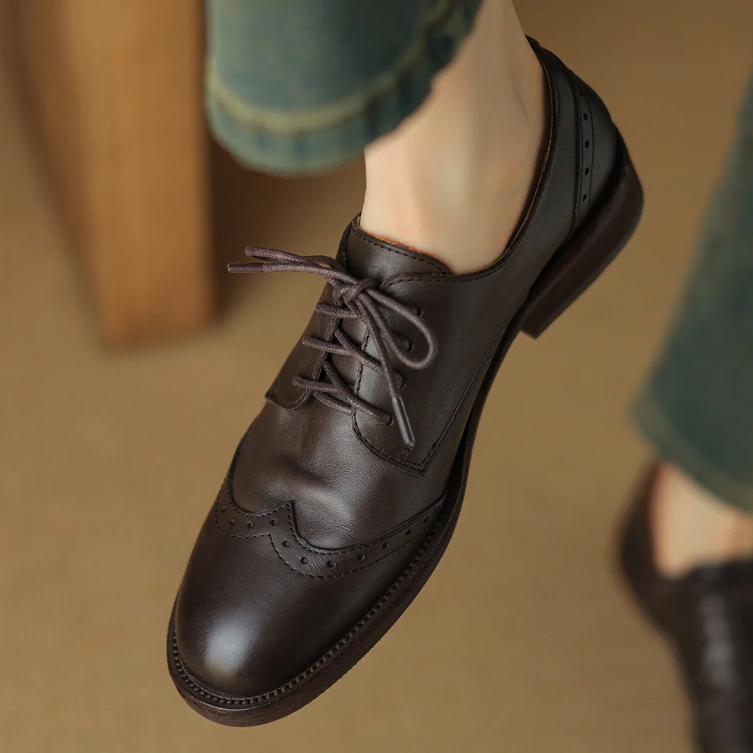 Women's cow leather lace-up flats oxfords carving British style casual female retro high quality soft comfortable daily shoes