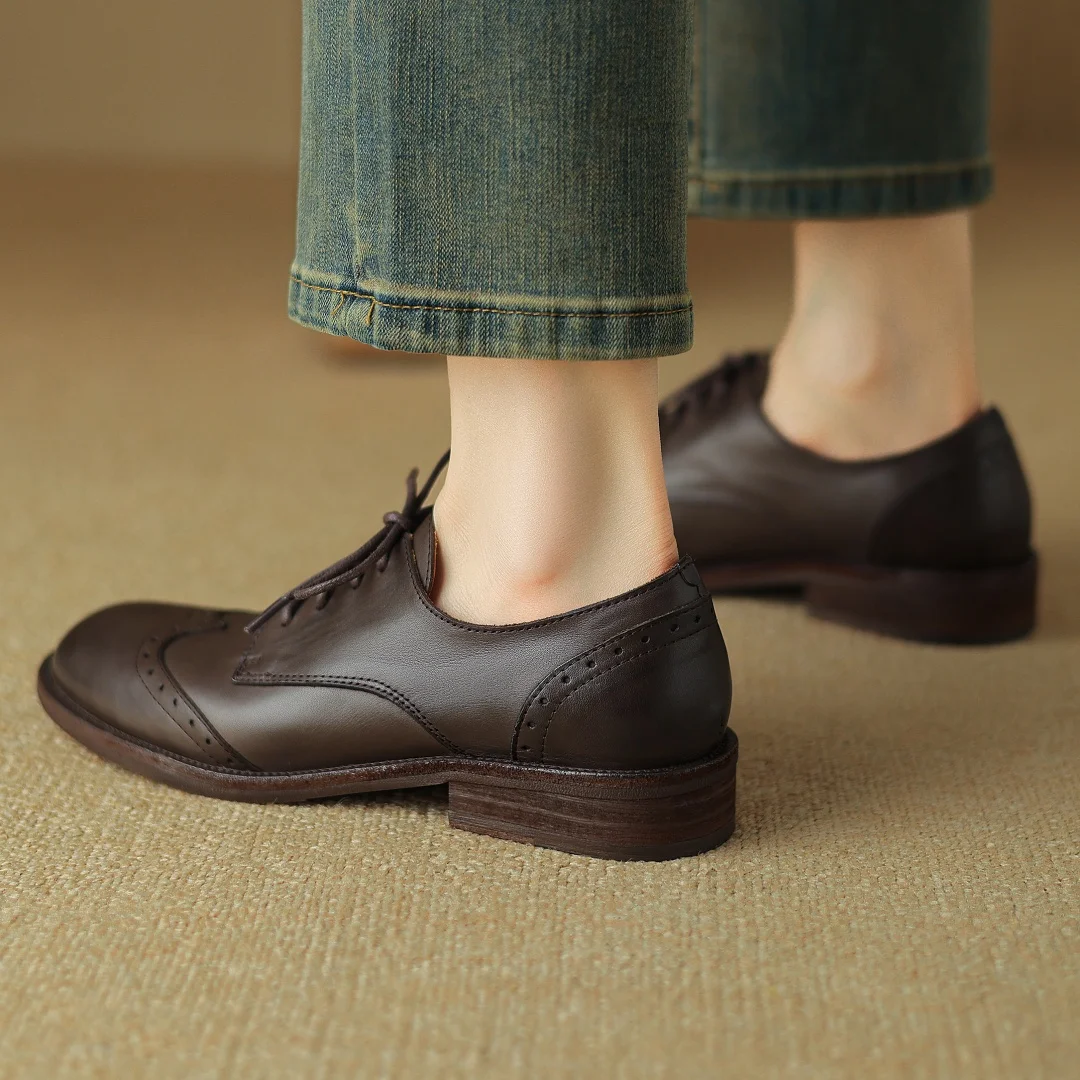 Women's cow leather lace-up flats oxfords carving British style casual female retro high quality soft comfortable daily shoes