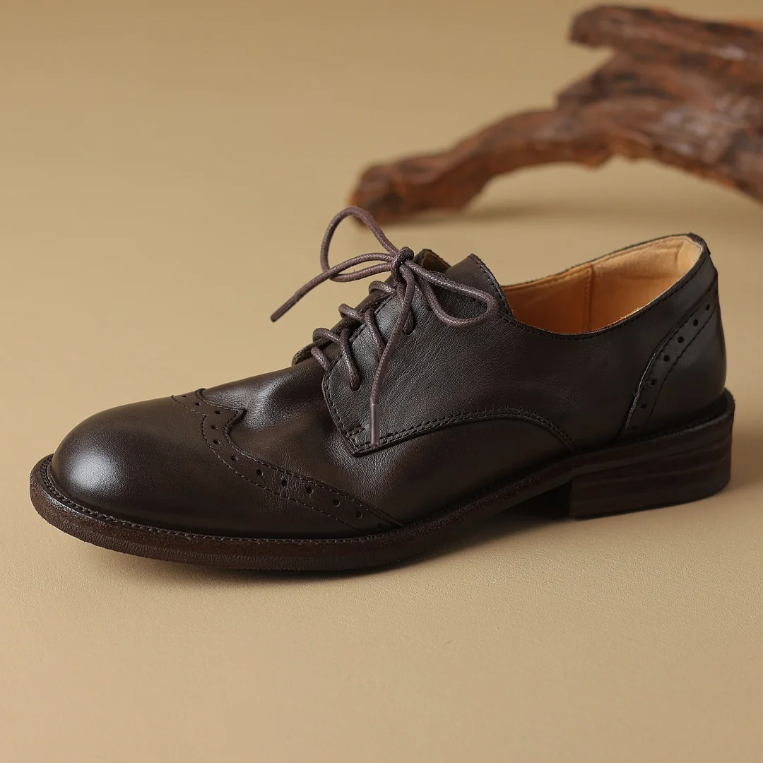 Women's cow leather lace-up flats oxfords carving British style casual female retro high quality soft comfortable daily shoes