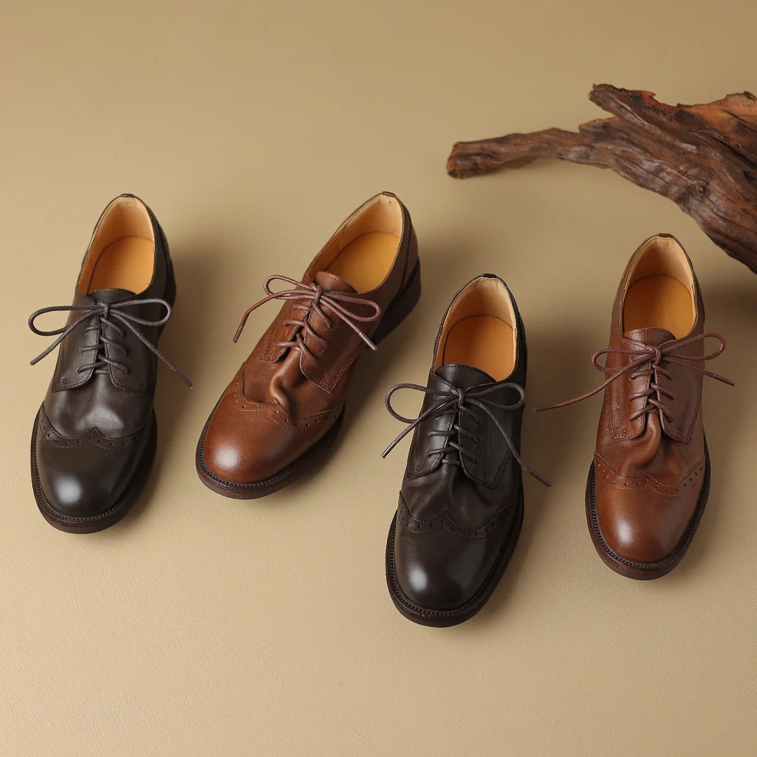 Women's cow leather lace-up flats oxfords carving British style casual female retro high quality soft comfortable daily shoes